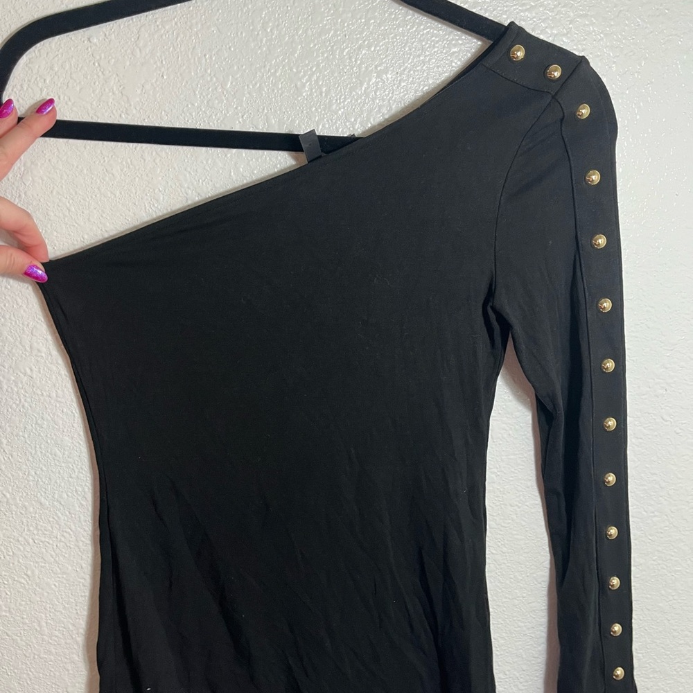 White House Black Market Black One-Shoulder Top with Gold Buttons Sz XS